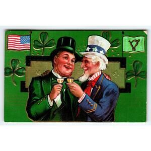 Saint Patrick's Day Postcard Uncle Sam Irish Toasting Cocktails Embossed 1914